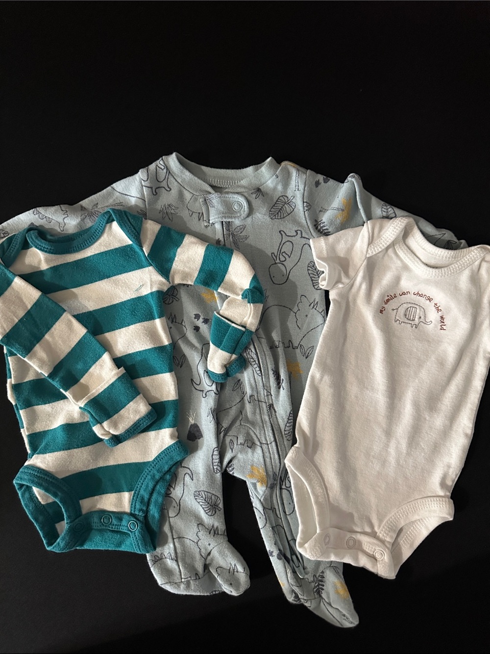 Carter's Teal & White Stripe, Light Blue Dino, and White Onesies - 3 Pack